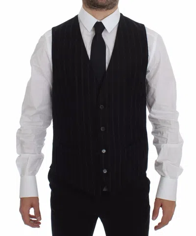 Dolce & Gabbana Black Striped Wool Logo Vest Gilet Men's Weste