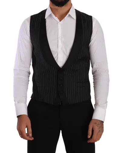 Dolce & Gabbana Black Striped Wool Silk Waistcoat Men's Vest