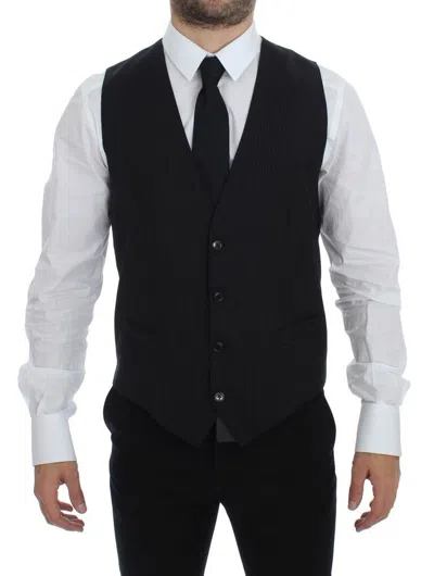 Dolce & Gabbana Black Striped Wool Single Breasted Men's Vest