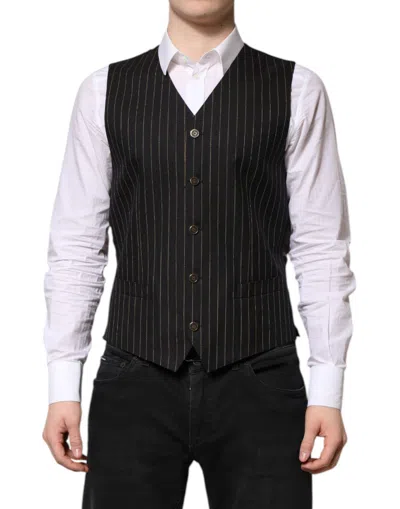 DOLCE & GABBANA DOLCE & GABBANA BLACK STRIPES WOOL FORMAL MEN WAISTCOAT MEN'S VEST