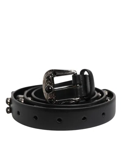 Pre-owned Dolce & Gabbana Black Studded Leather Metal Logo Buckle Men's Belt ()