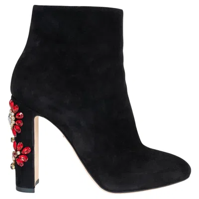 Pre-owned Dolce & Gabbana Black Suede 2016 Crystal Flower Booties Boots Shoes 38