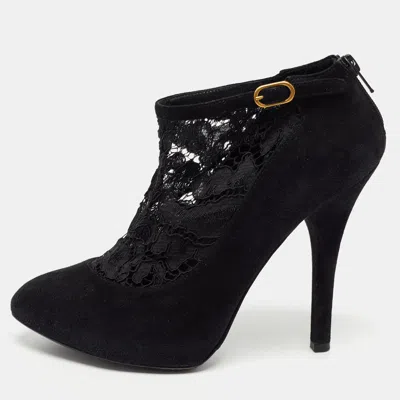 Pre-owned Dolce & Gabbana Black Suede And Lace Pointed Toe Booties Size 38.5
