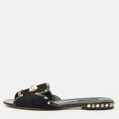 Pre-owned Dolce & Gabbana Black Suede Dg Pearl Studded Flat Slide Sandals Size 38