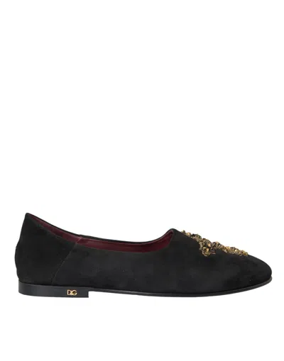 Dolce & Gabbana Black Suede Gold Cross Slip On Loafers Shoes