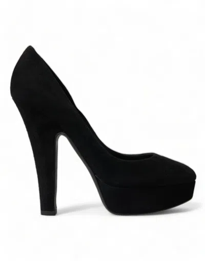 Dolce & Gabbana Black Suede Leather Platform Heel Pumps Women's Shoes