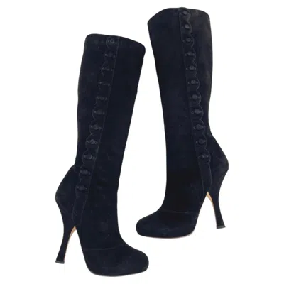 Pre-owned Dolce & Gabbana Black Suede Scalloped Button Knee High Stiletto Boots It 39