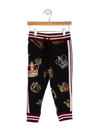 Pre-owned Dolce & Gabbana Babies' Black Sweatpants With Burgundy Trim And Gold Printed Accents With Drawstring Waist