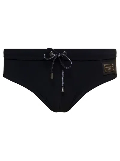 Dolce & Gabbana Black Swim Briefs With Branded Drawstring And Logo Tag In Stretch Polyamide Man