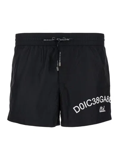 Dolce & Gabbana Black Swim Trunks With Contrasting Logo Print In Nylon Man