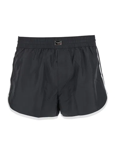 Dolce & Gabbana Black Swimsuit With Logo Plate On The Front In Tech Fabric Man