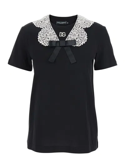 DOLCE & GABBANA BLACK T-SHIRT WITH BOW ON THE FRONT AND LACE DETAILS