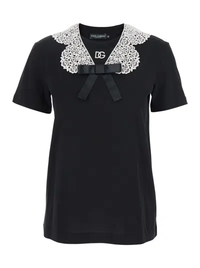 Dolce & Gabbana Black T-shirt With Bow On The Front And Lace Details