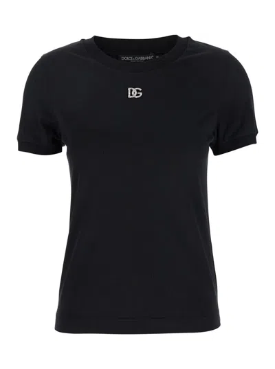 DOLCE & GABBANA BLACK T-SHIRT WITH LOGO DECORATED WITH CRYSTALS ON THE FRONT