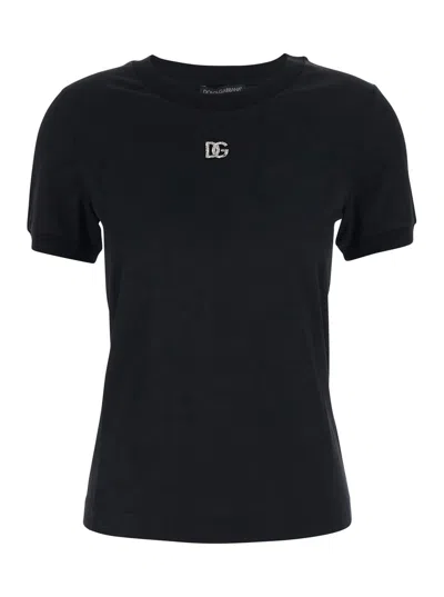 DOLCE & GABBANA BLACK T-SHIRT WITH LOGO DECORATED WITH CRYSTALS ON THE FRONT IN COTTON WOMAN
