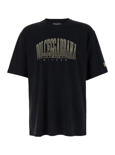 Dolce & Gabbana Black T-shirt With Logo Lettering Print In Cotton Man