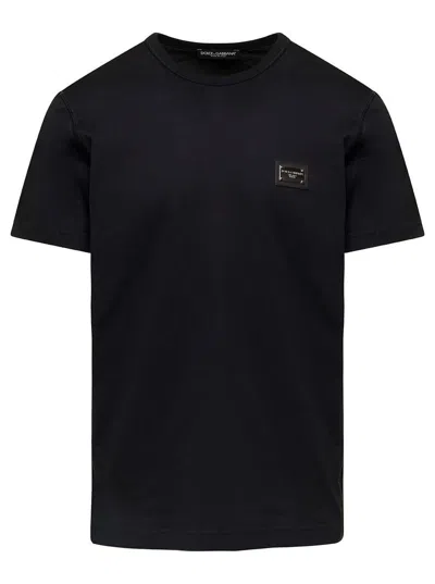 DOLCE & GABBANA BLACK T-SHIRT WITH LOGO TAG DETAIL ON THE FRONT