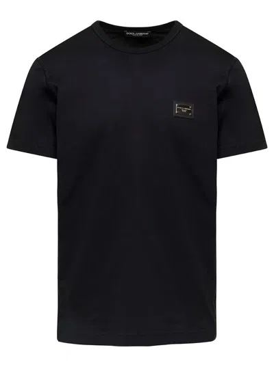 Dolce & Gabbana Black T-shirt With Logo Tag Detail On The Front In Cotton Man