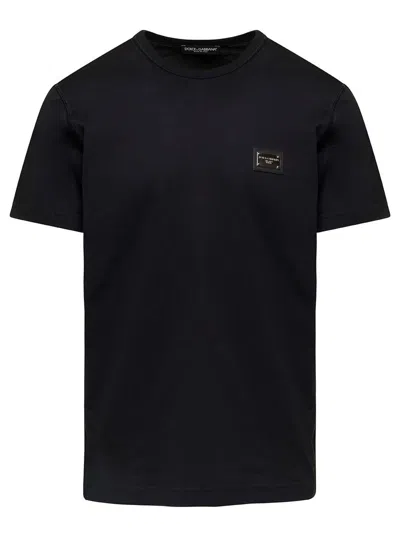 DOLCE & GABBANA BLACK T-SHIRT WITH LOGO TAG DETAIL ON THE FRONT IN COTTON MAN