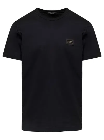 DOLCE & GABBANA BLACK T-SHIRT WITH LOGO TAG DETAIL ON THE FRONT IN COTTON MAN