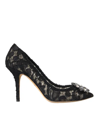 Dolce & Gabbana Embellished Lace Overlay Kitten Heel Pumps In Black