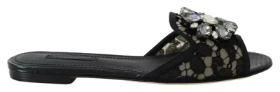Dolce & Gabbana Black Taormina Lace Slides Crystals Flats Women's Shoes
