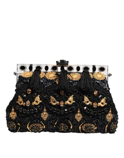 Pre-owned Dolce & Gabbana Black Tassel Gold Baroque Crystal Evening Clutch Women's Bag ()