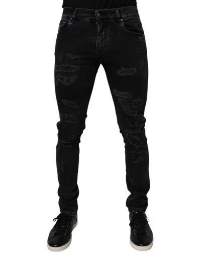 DOLCE & GABBANA DOLCE & GABBANA BLACK TATTERED COTTON SKINNY MEN DENIM MEN'S JEANS