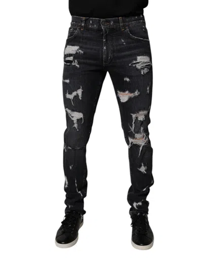 Dolce & Gabbana Black Tattered Cotton Skinny Men Denim Men's Jeans