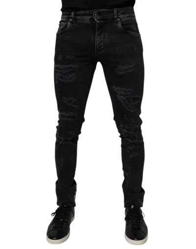 Pre-owned Dolce & Gabbana Black Tattered Cotton Skinny Men Denim Men's Jeans ()