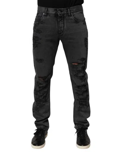 Dolce & Gabbana Black Tattered Skinny Cotton Men Denim Jeans In Gray