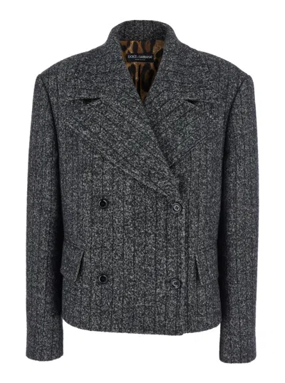 Dolce & Gabbana Black Textured Notched Lapel Blazer In Gray