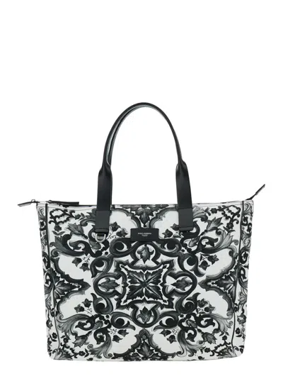 Dolce & Gabbana Black Tote Bag With Top Zip Closure And All-over Print In Tech Fabric Man