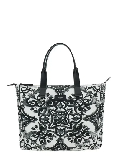 DOLCE & GABBANA BLACK TOTE BAG WITH TOP ZIP CLOSURE AND ALL-OVER PRINT IN TECH FABRIC MAN