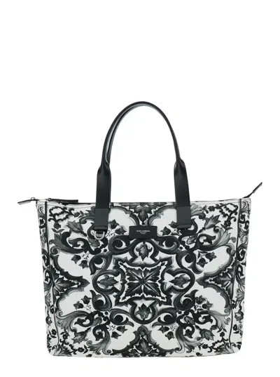Dolce & Gabbana Black Tote Bag With Top Zip Closure And All-over Print In Tech Fabric Man