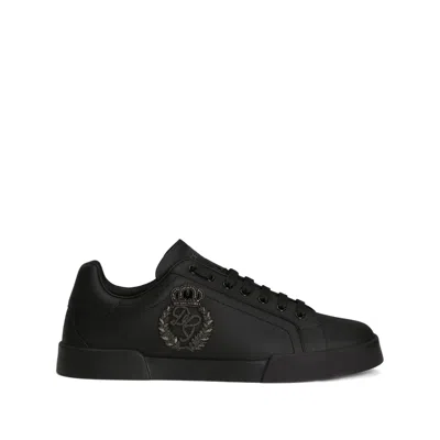 Dolce & Gabbana Men Leather Sneakers With Embossed Side Logo In Black