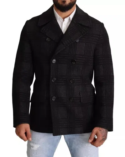 Dolce & Gabbana Black Trench Coat Check Wool Men's Jacket