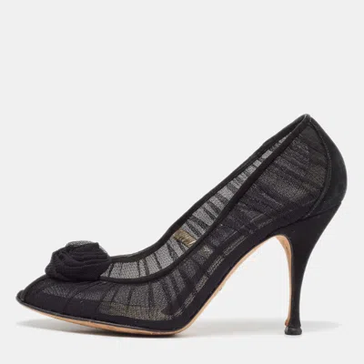 Pre-owned Dolce & Gabbana Black Tulle Fabric Flower Applique Peep Toe Pumps Size 40