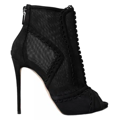 Pre-owned Dolce & Gabbana Black Tulle Stiletto Heels Short Boots Women's Shoes ()