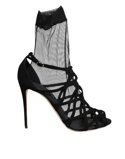 Dolce & Gabbana Black Suede Tulle Ankle Boots Sandal Shoes