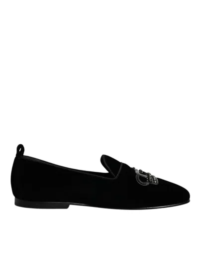Dolce & Gabbana Velvet Crystal Crown Loafers Formal Dress Men's Shoes In Black
