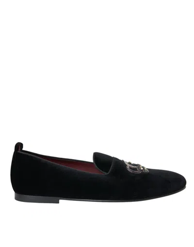 Dolce & Gabbana Black Velvet Crystal Crown Men Loafers Shoes