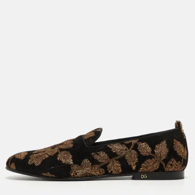 Pre-owned Dolce & Gabbana Black Velvet Embroidered Floral Smoking Slippers Size 44