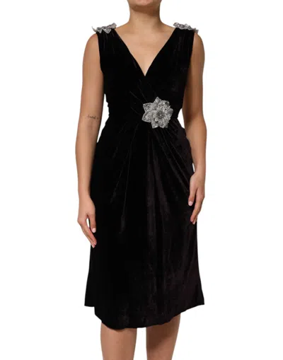 DOLCE & GABBANA DOLCE & GABBANA BLACK VELVET FLOWER EMBELLISHMENT ALINE WOMEN'S DRESS