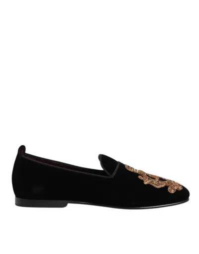 Dolce & Gabbana Black Velvet Gold Crown Mens Loafers Shoes In Animal Print