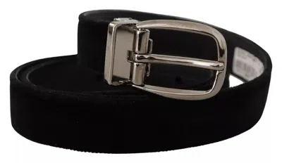 Pre-owned Dolce & Gabbana Black Velvet Silver Tone Metal Logo Buckle Men's Belt ()