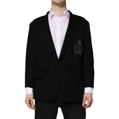 Pre-owned Dolce & Gabbana Black Viscose Dg Crown Blazer Coat Men's Jacket ()