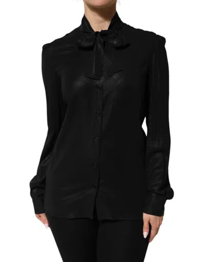 Dolce & Gabbana Black Viscose Long Sleeve Tie Neck Blouse Women's Top