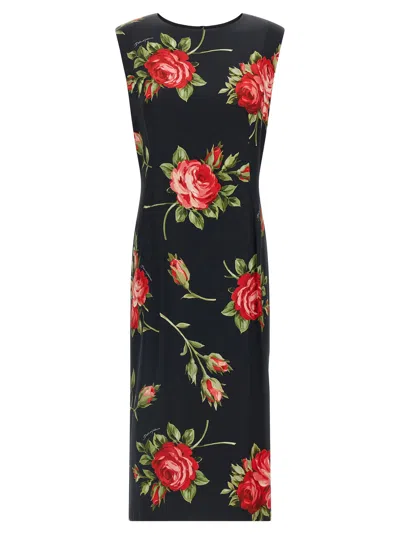 Dolce & Gabbana Rose Bouquet-print Satin Sheath Dress In Black