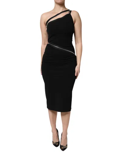Dolce & Gabbana Black Viscose One Shoulder Zipper Sheath Dress
